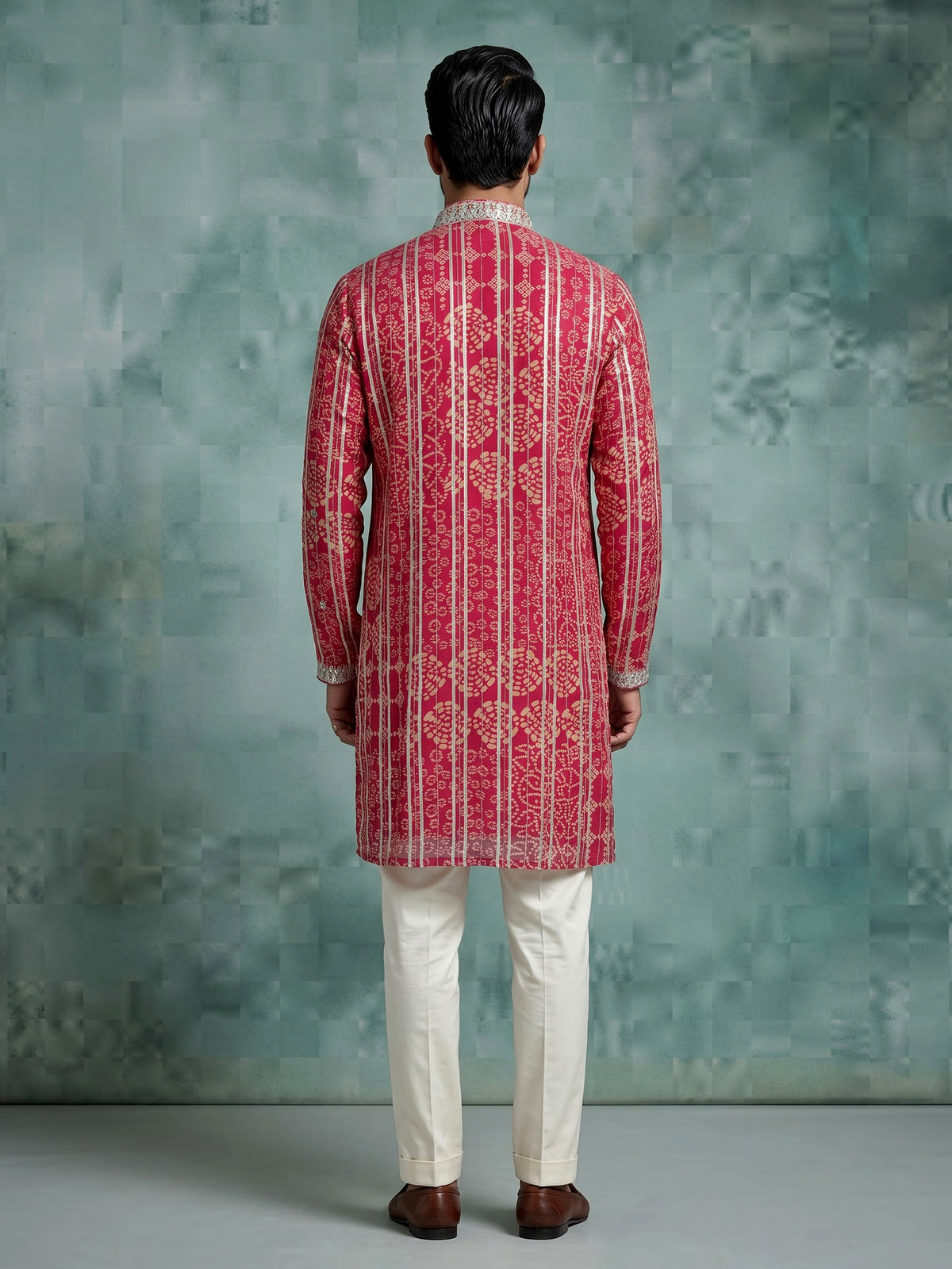 Deep pink chanderi silk mens kurta suit with bandhani gota embellishments