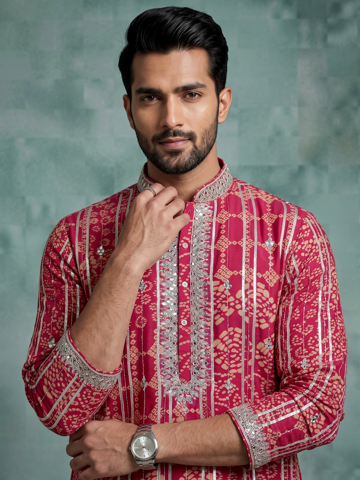Deep pink chanderi silk mens kurta suit with bandhani gota embellishments