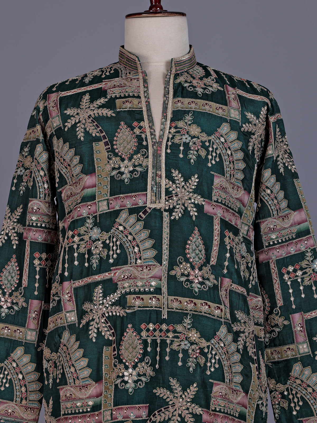 Forest green tusser silk mens kurta suit with architectural sequin embroidery