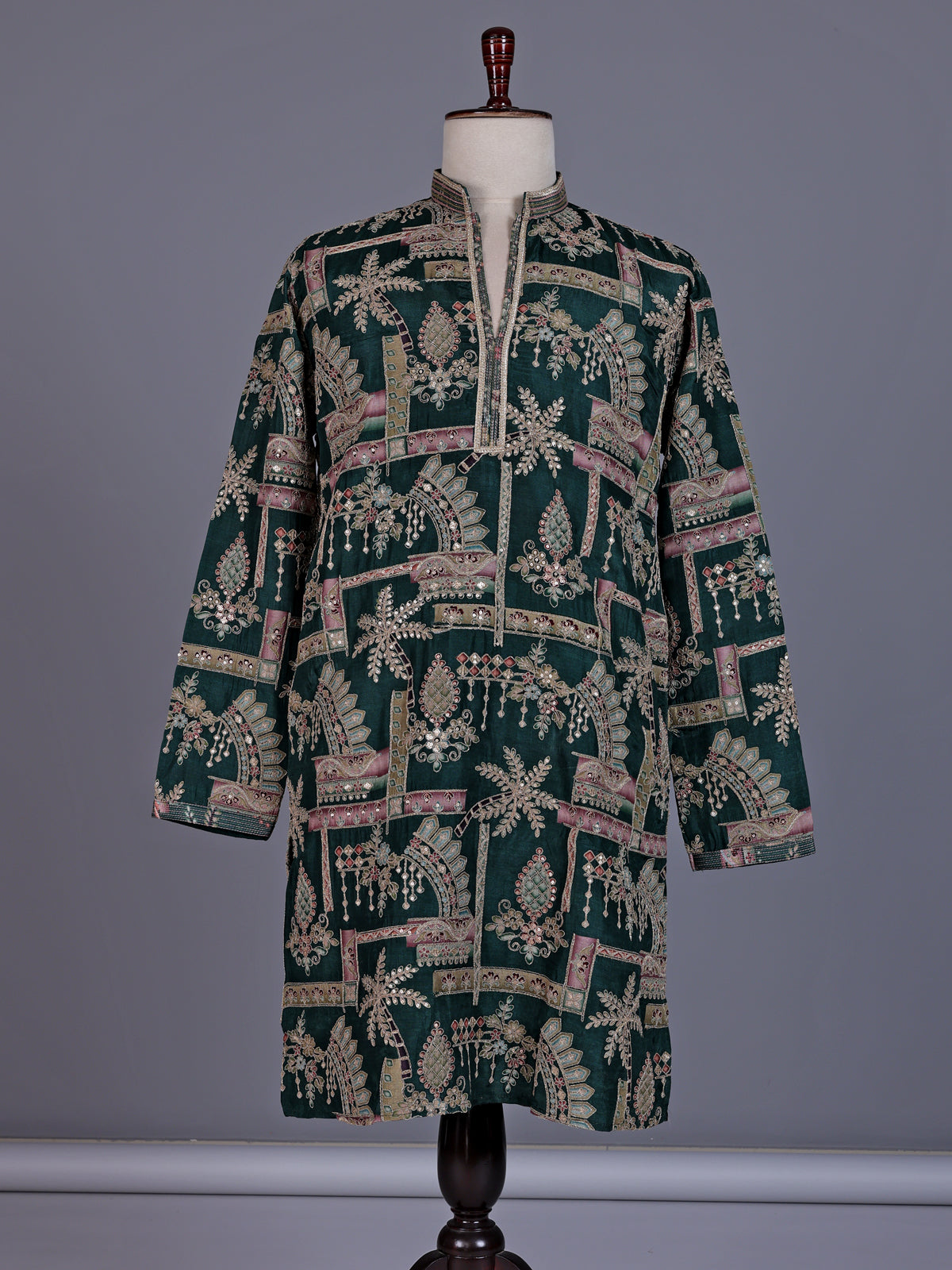 Forest green tusser silk mens kurta suit with architectural sequin embroidery
