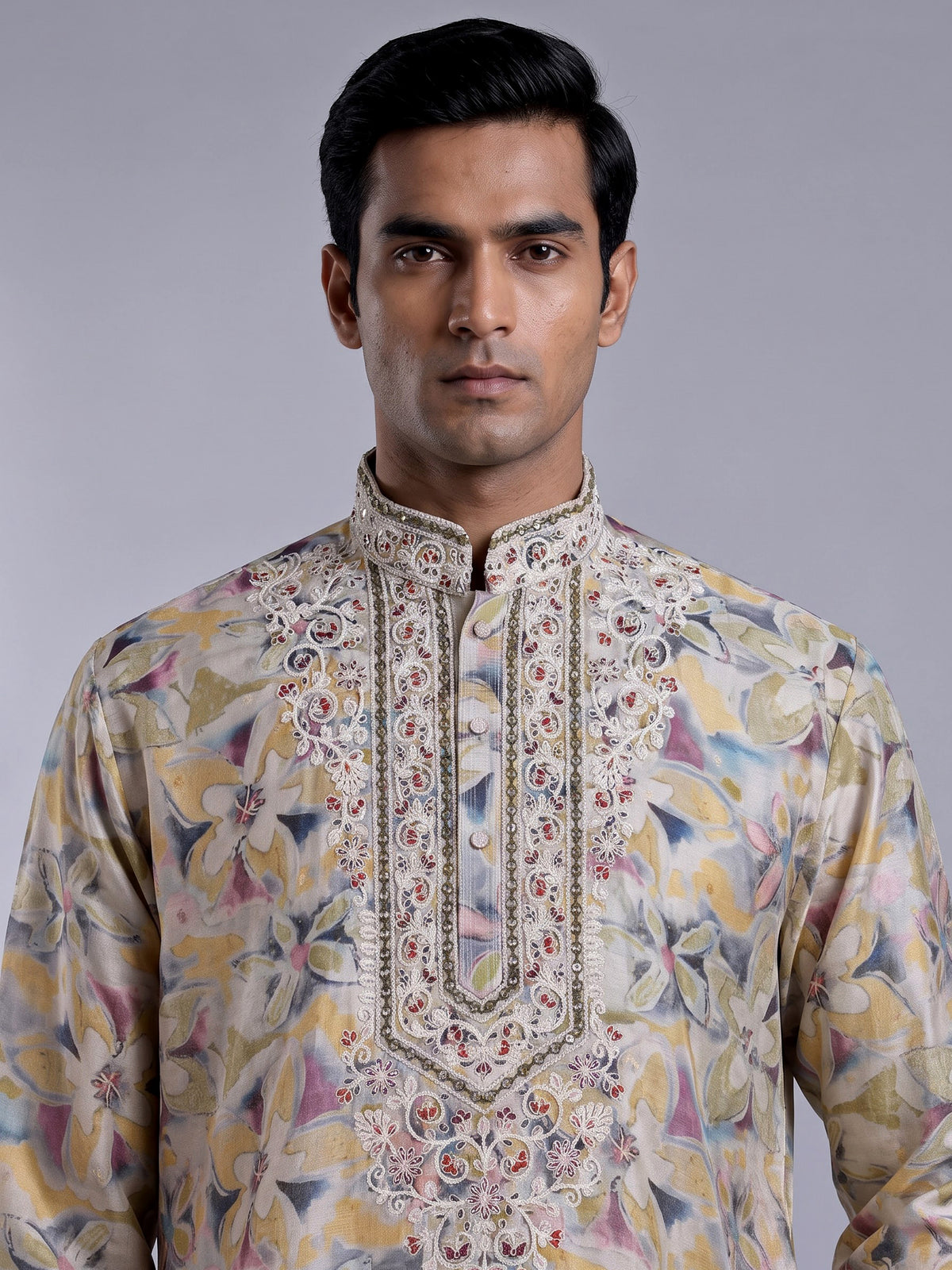 Beige chanderi silk floral printed mens kurta suit with embroidered yoke