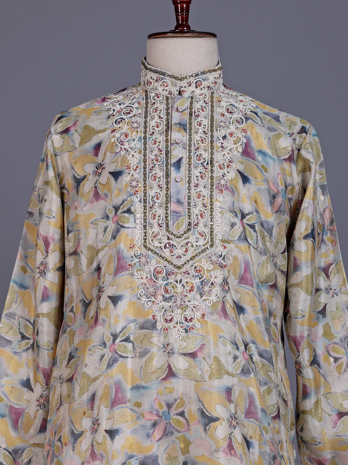 Beige chanderi silk floral printed mens kurta suit with embroidered yoke