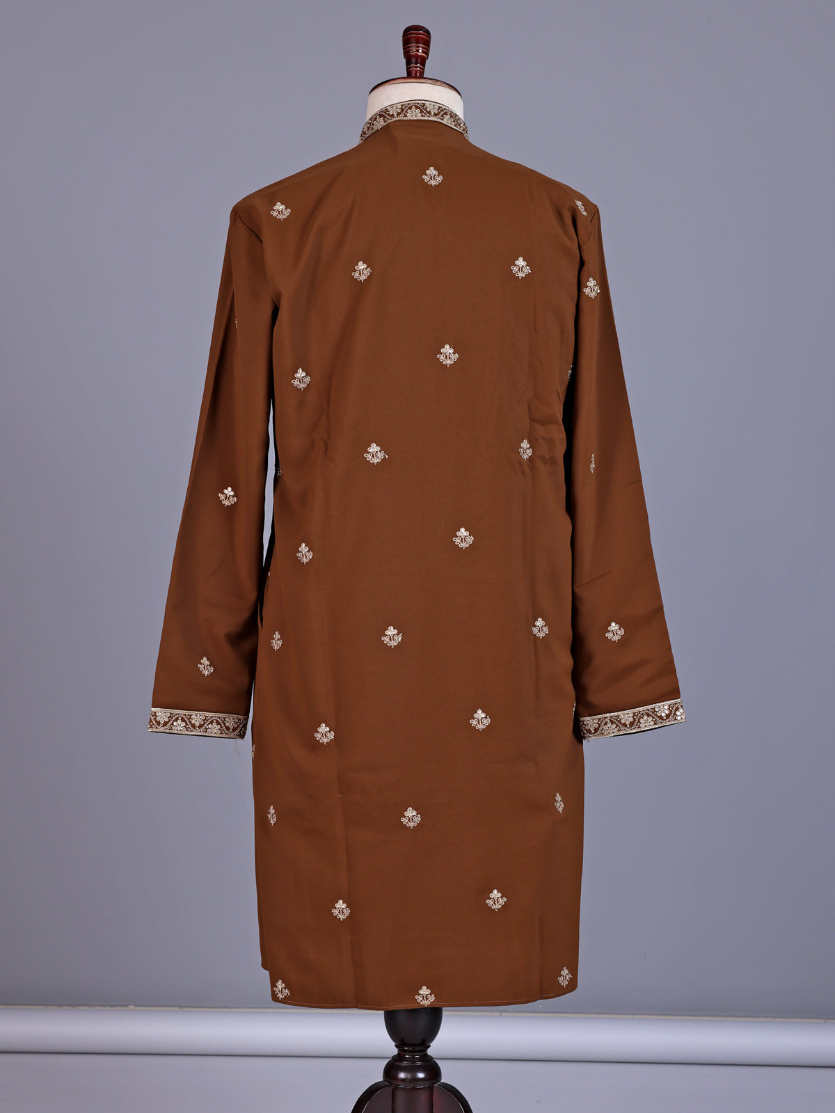 Brown silk blend mens kurta suit with chevron embellished yoke