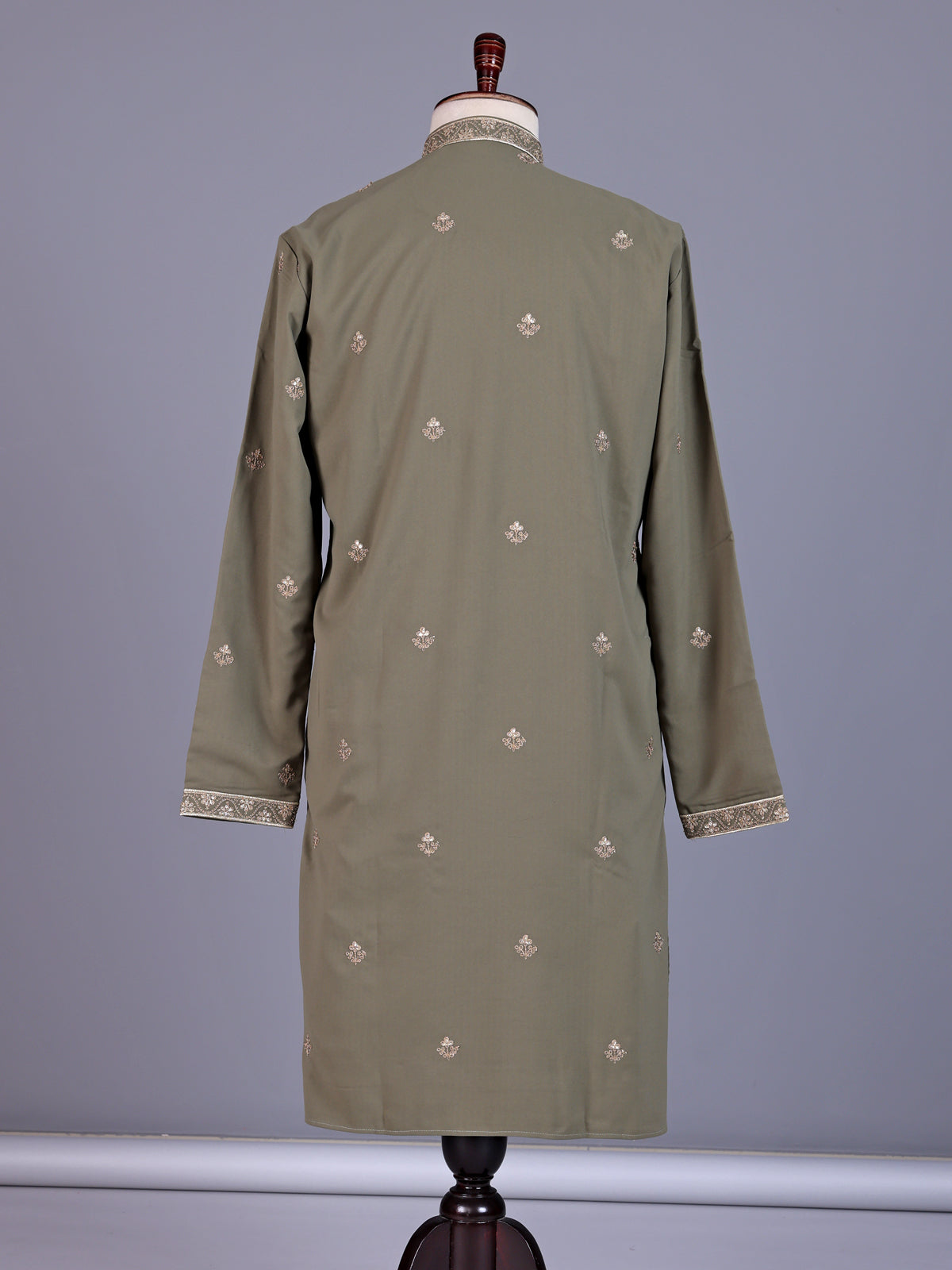 Dusty olive cotton silk mens kurta suit with threadwork yoke