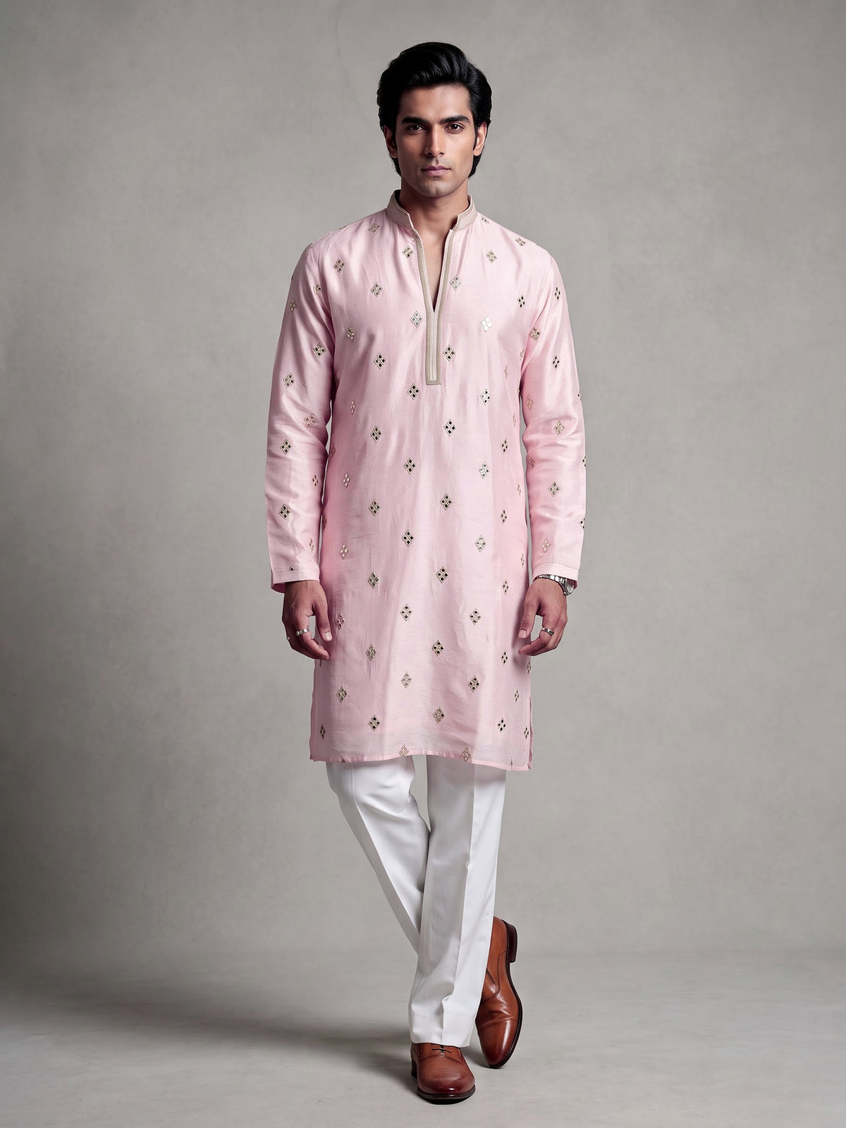 Light pink chanderi silk mens kurta suit with mirror sequin detailing