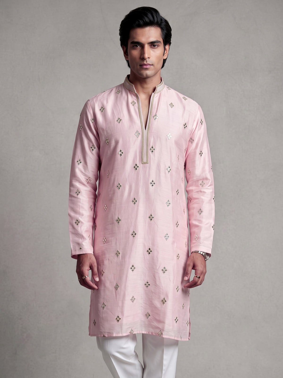 Light pink chanderi silk mens kurta suit with mirror sequin detailing