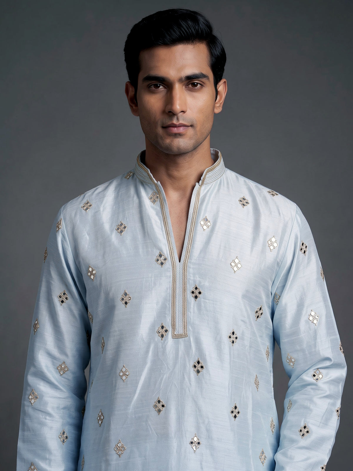 Mint blue chanderi silk mens kurta suit with diamond mirrorwork butis