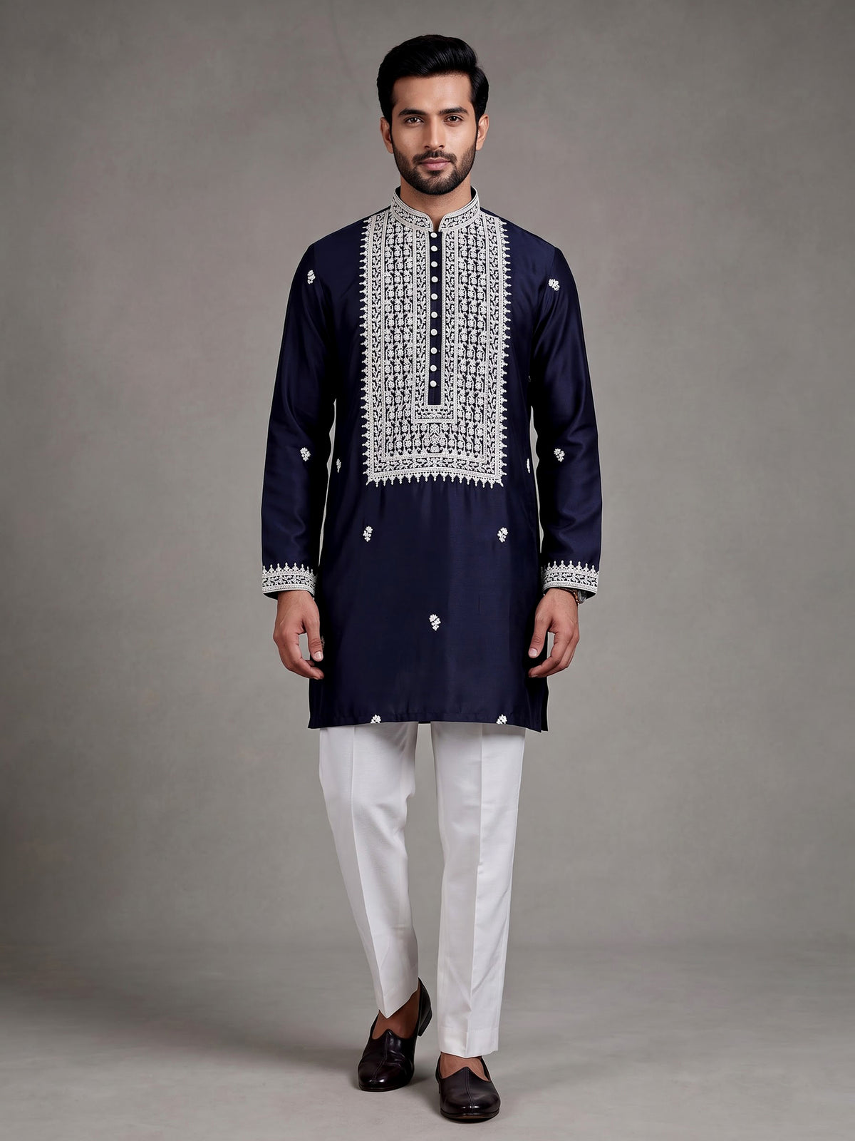 Dark navy Poly-Viscose mens kurta suit with white chikankari work