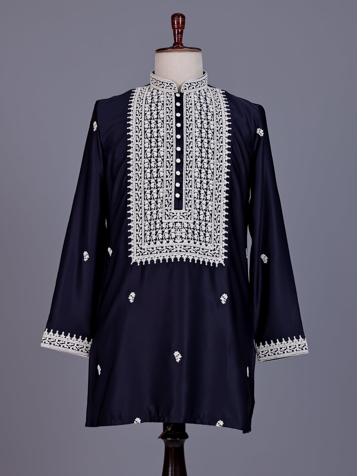 Dark navy Poly-Viscose mens kurta suit with white chikankari work