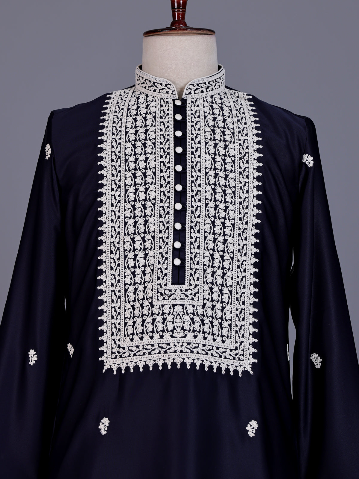 Dark navy Poly-Viscose mens kurta suit with white chikankari work