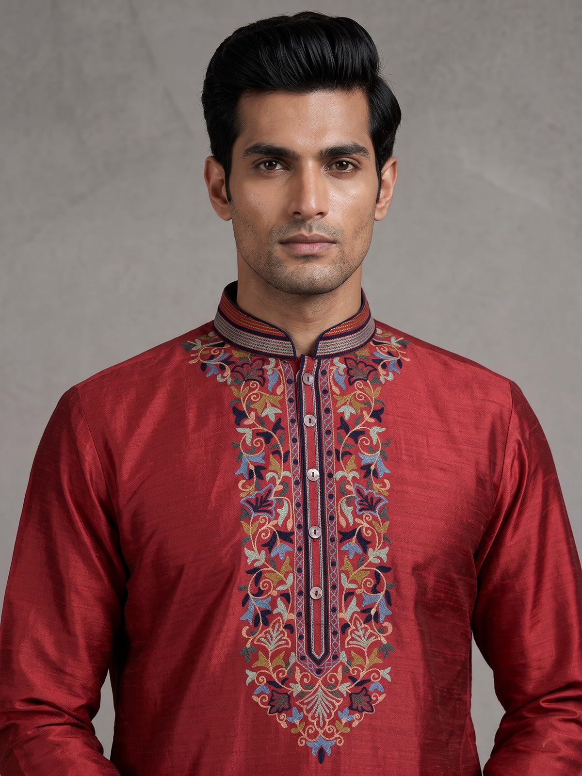 Maroon silk mens kurta suit with persian floral threadwork