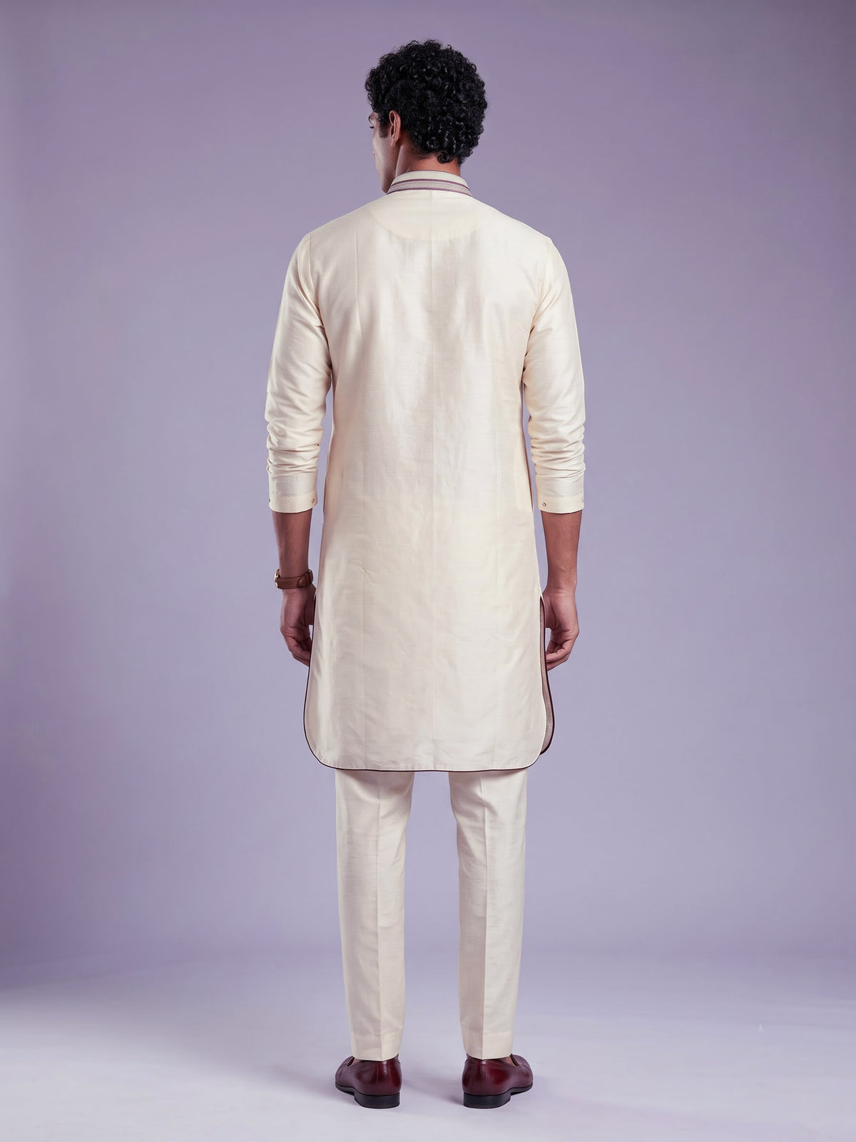 Cream Art Silk mens kurta suit with kashmiri floral borderwork