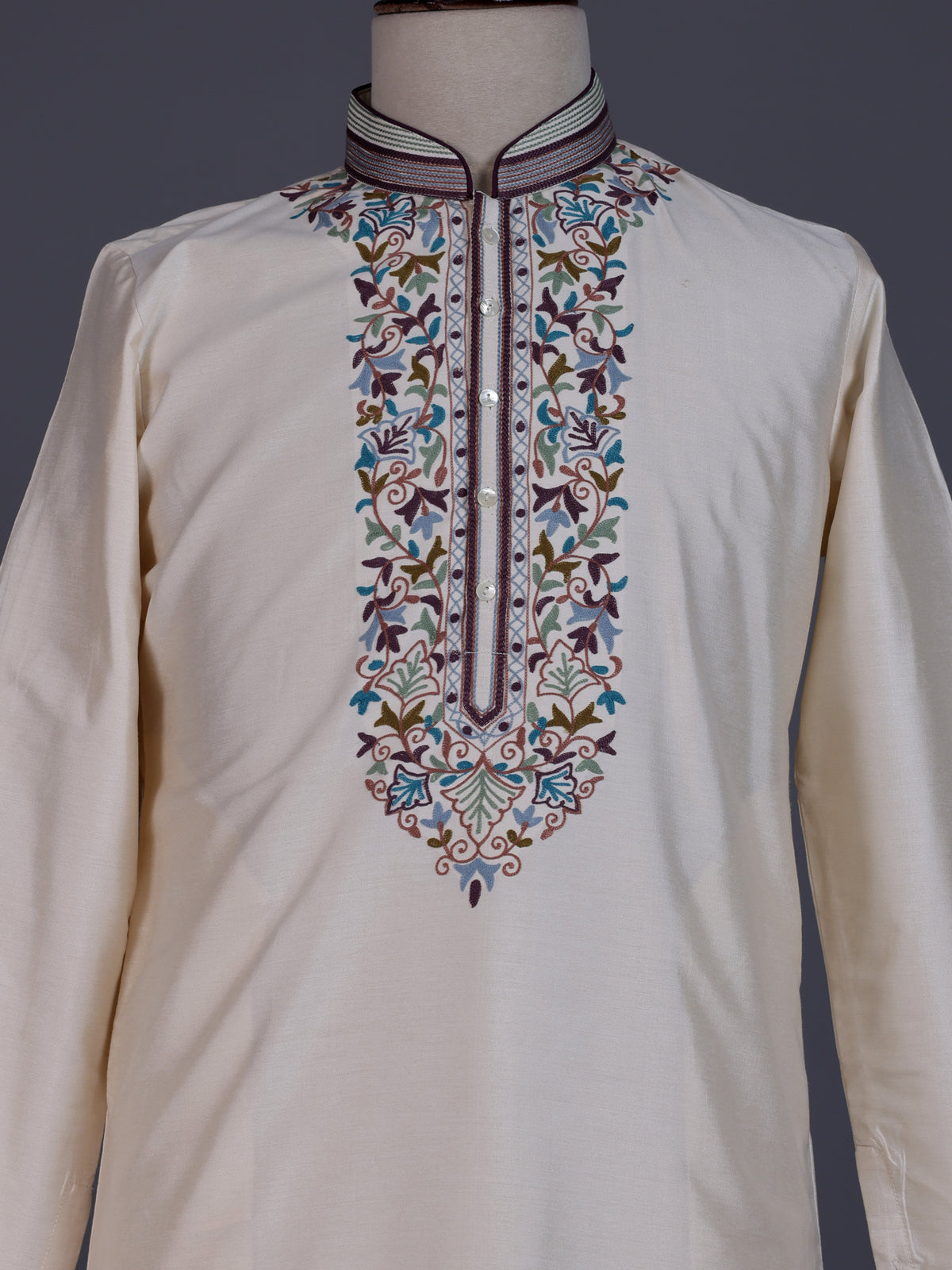 Cream Art Silk mens kurta suit with kashmiri floral borderwork