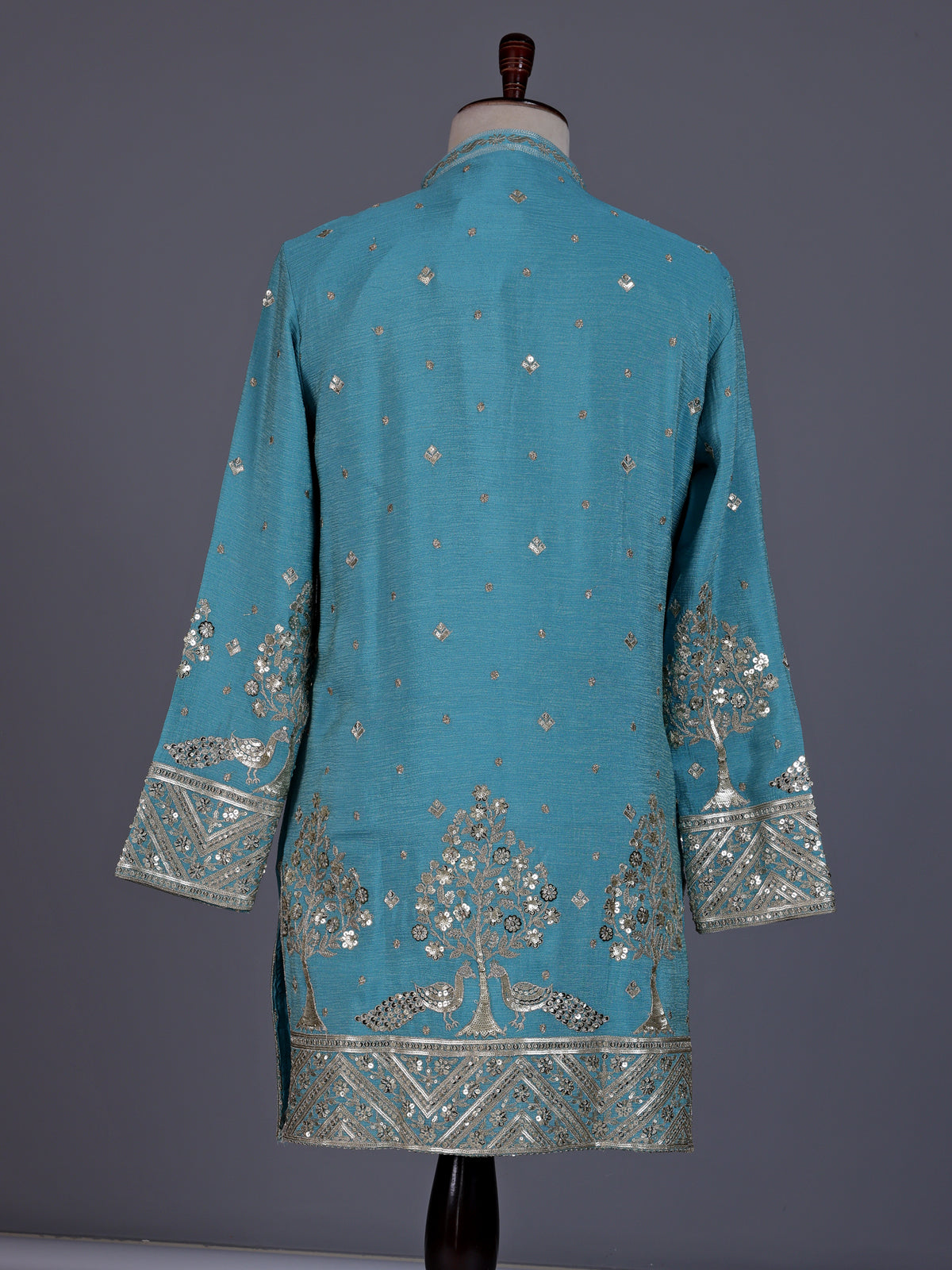 Aqua tusser silk mens kurta suit with embroidered V-notch yoke