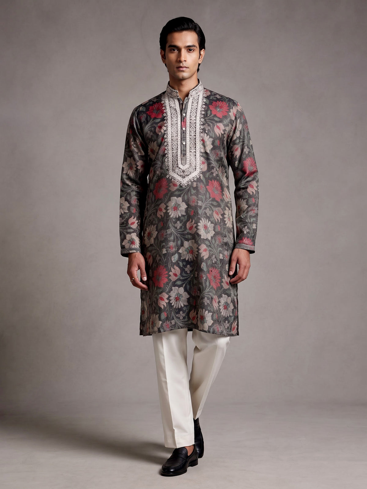 Charcoal black chanderi silk mens kurta suit with botanical tapestry embroidery