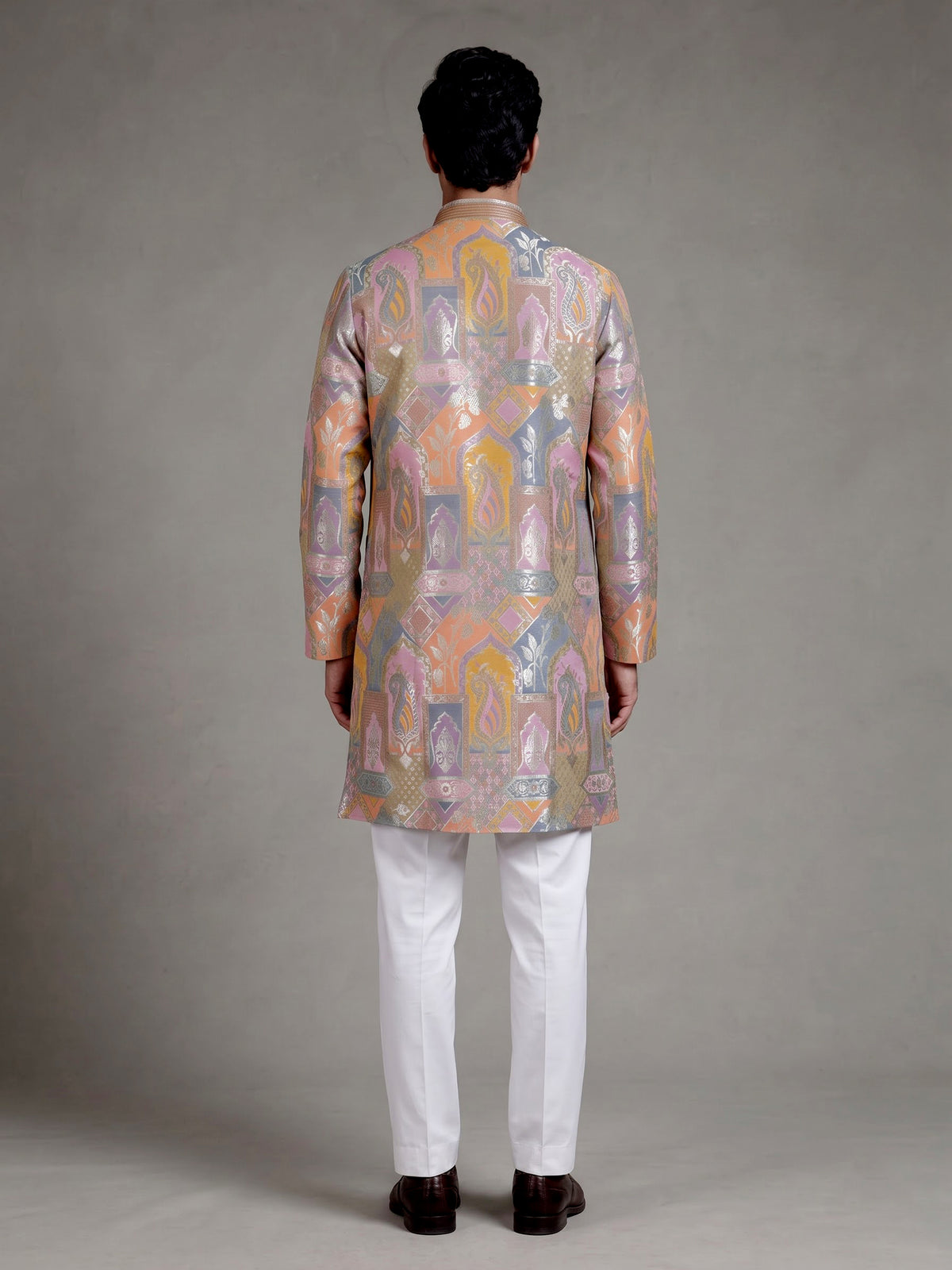 Multi color brocade silk mens kurta with architectural zari detailing