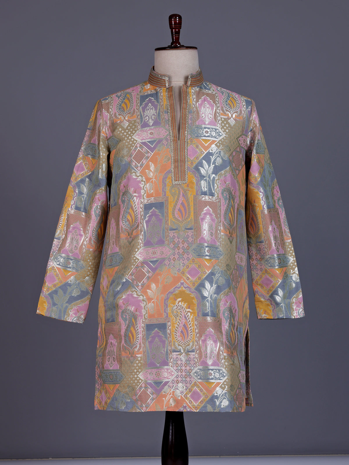 Multi color brocade silk mens kurta with architectural zari detailing