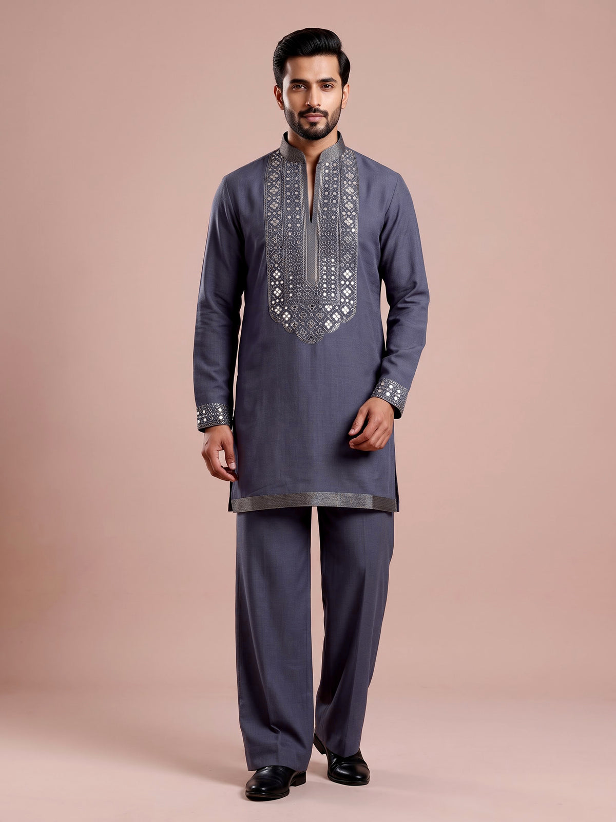 Stone grey cotton silk mens kurta with oxidized embellishments