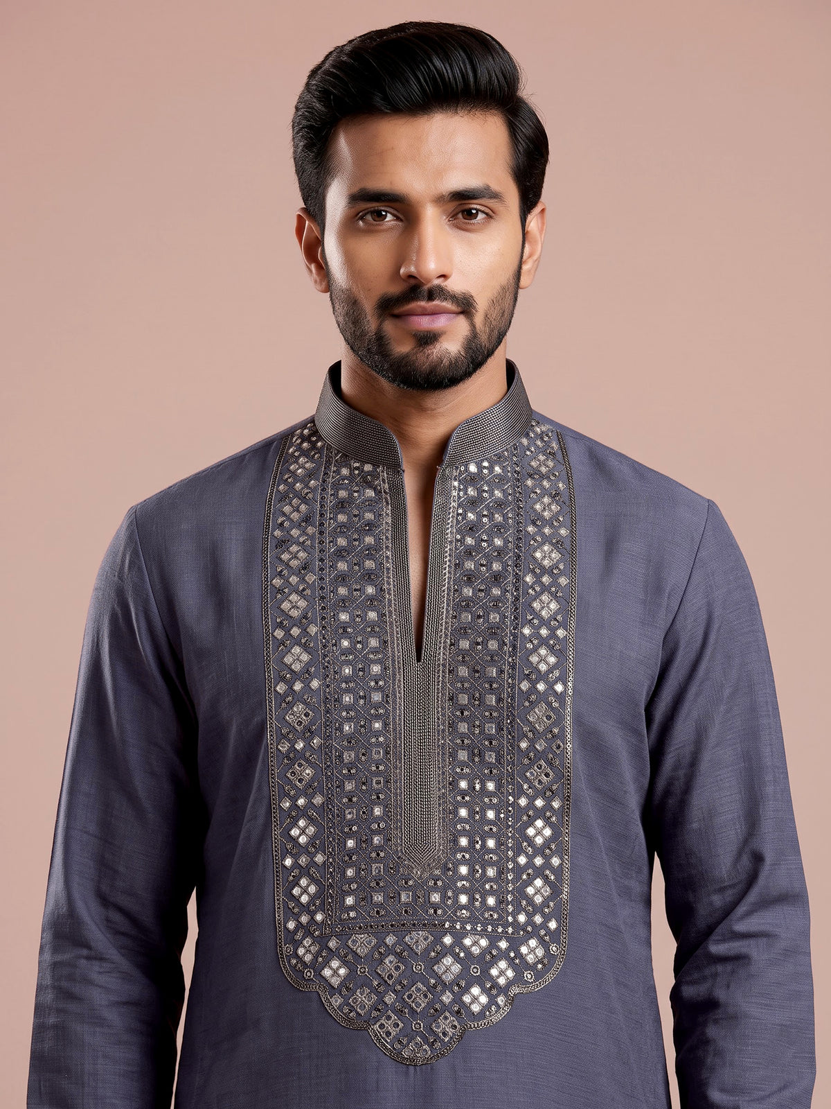 Stone grey cotton silk mens kurta with oxidized embellishments