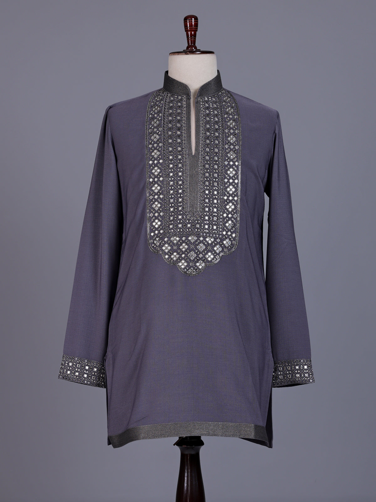 Stone grey cotton silk mens kurta with oxidized embellishments