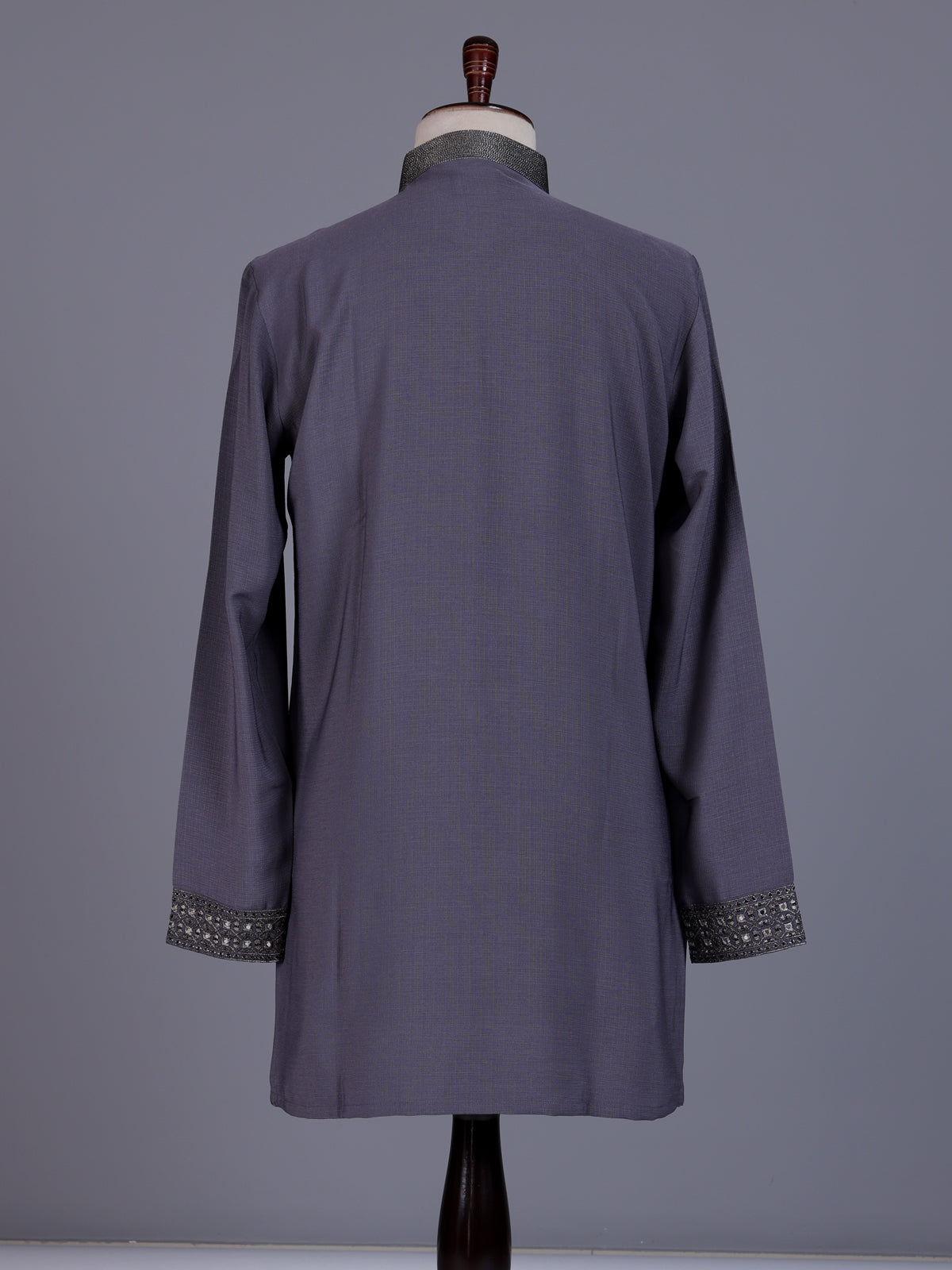 Stone grey cotton silk mens kurta with oxidized embellishments