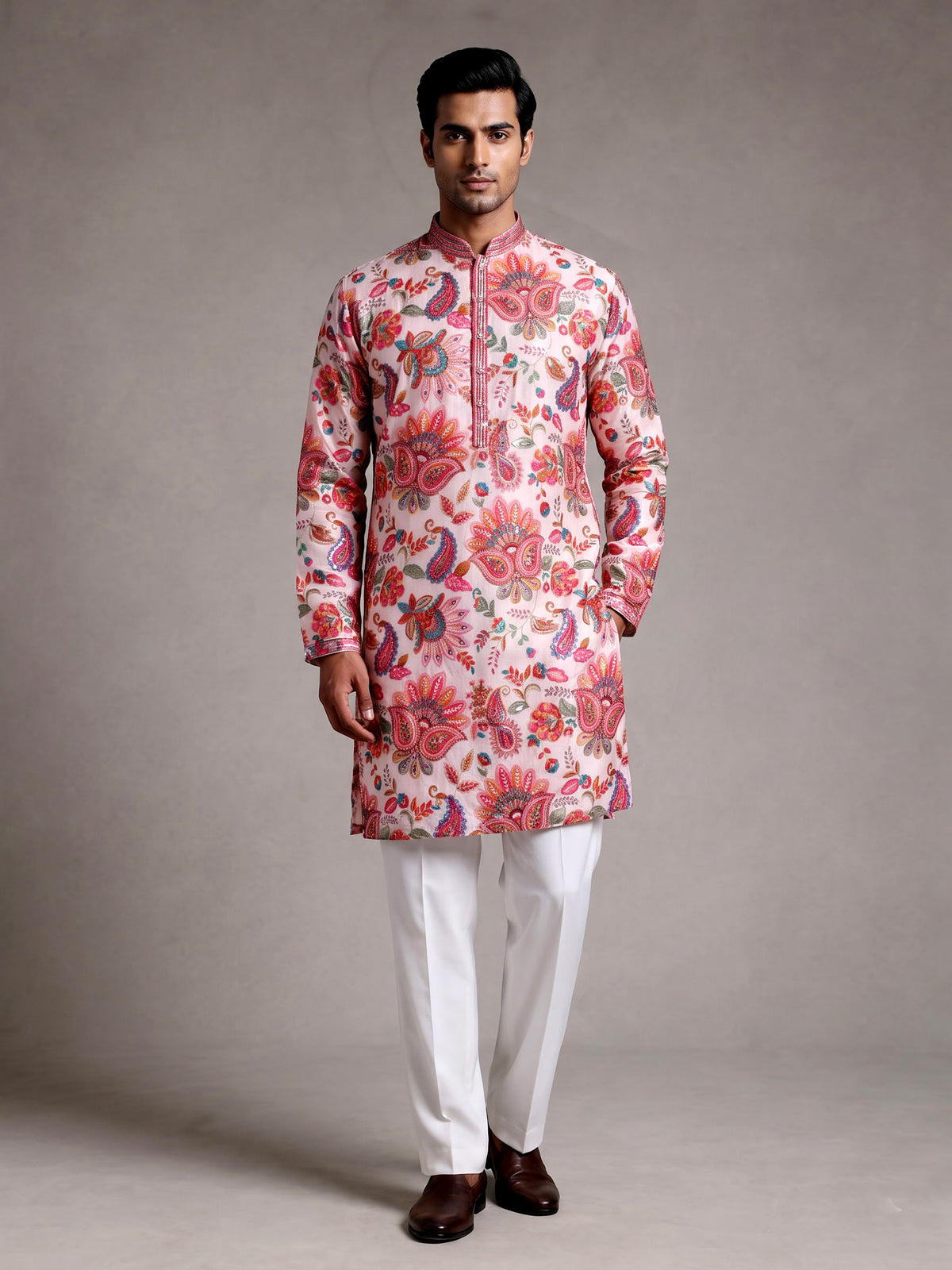 Off white modal silk floral printed mens kurta with sequin jaal