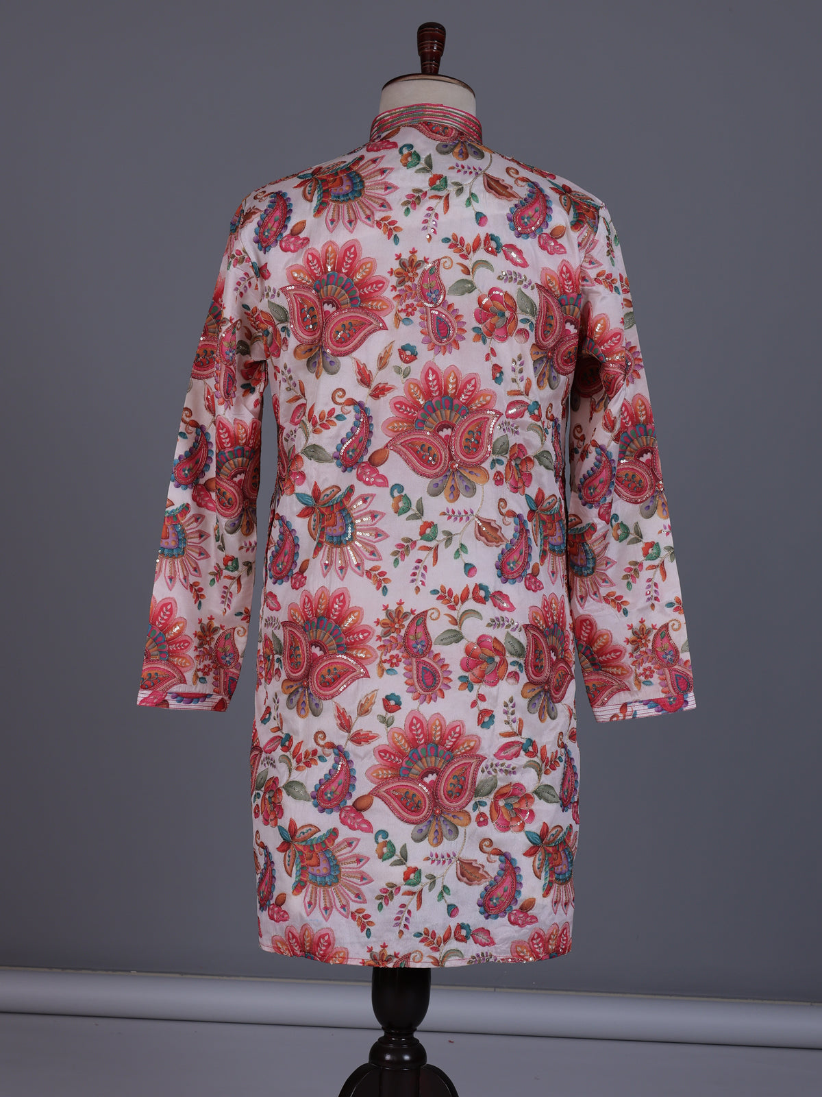 Off white modal silk floral printed mens kurta with sequin jaal