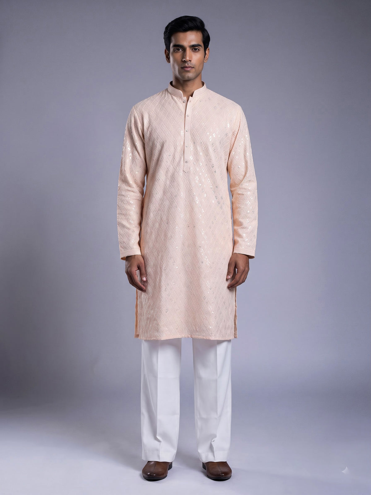 Peach modal silk mens kurta with chikankari-inspired sequin embroidery
