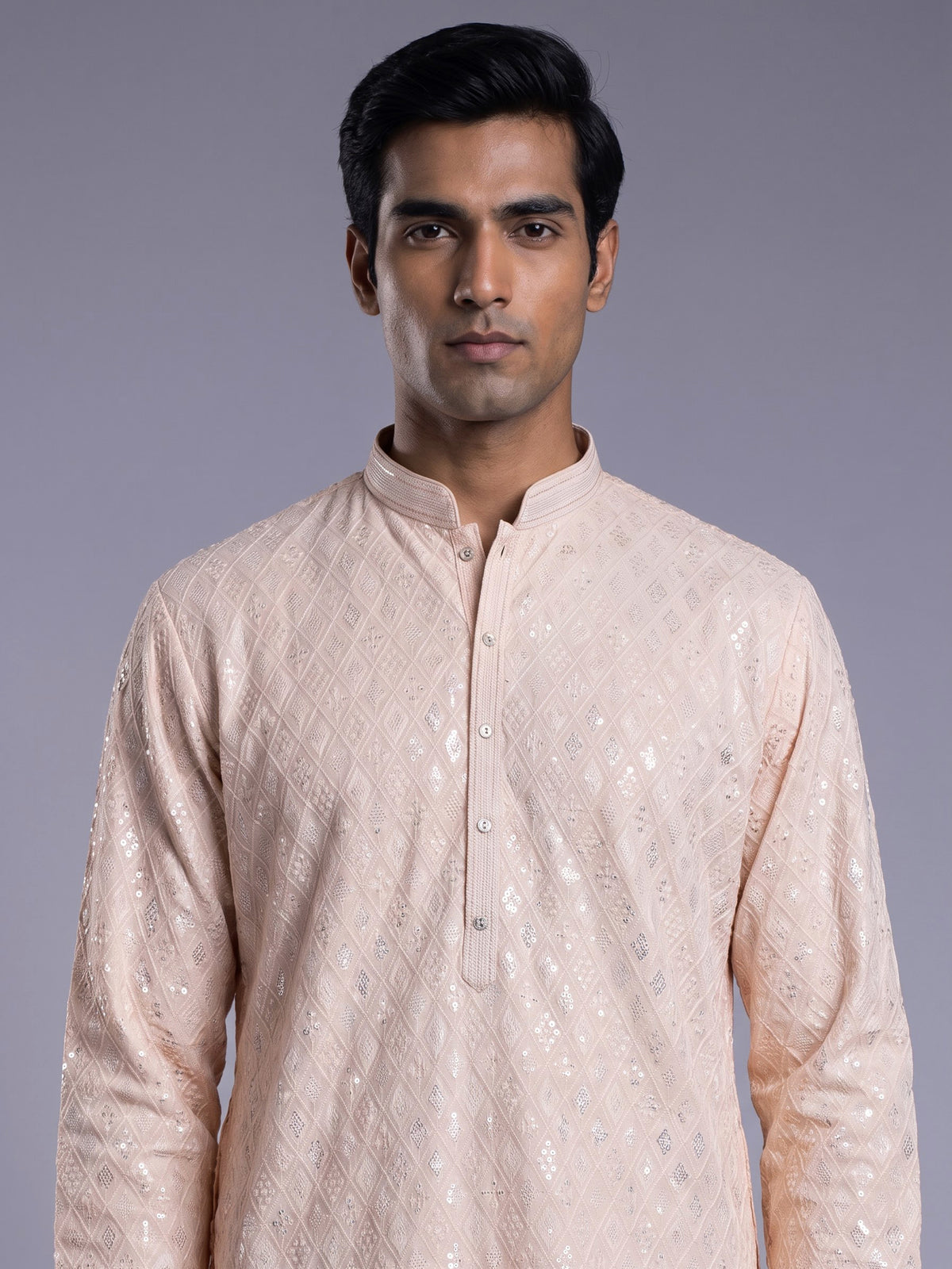 Peach modal silk mens kurta with chikankari-inspired sequin embroidery