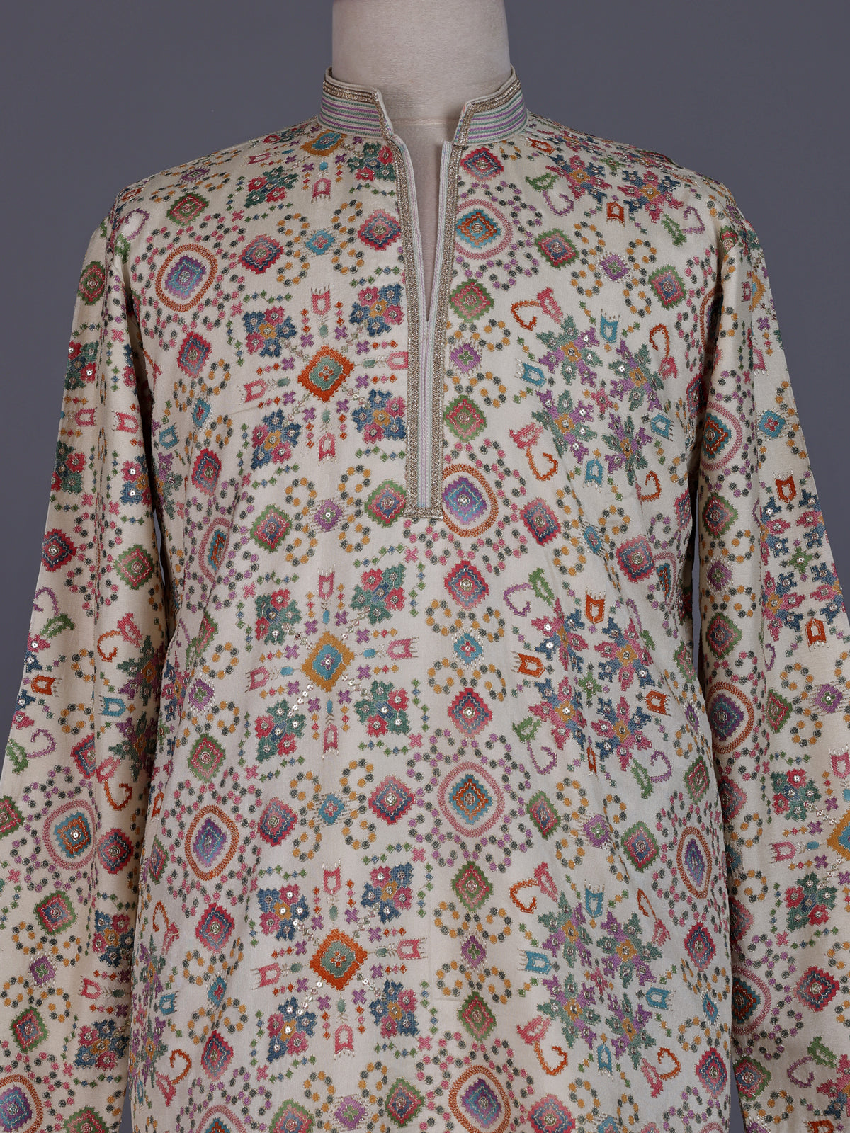Cream chanderi silk mens kurta with kaleidoscopic floral sequin embroidery