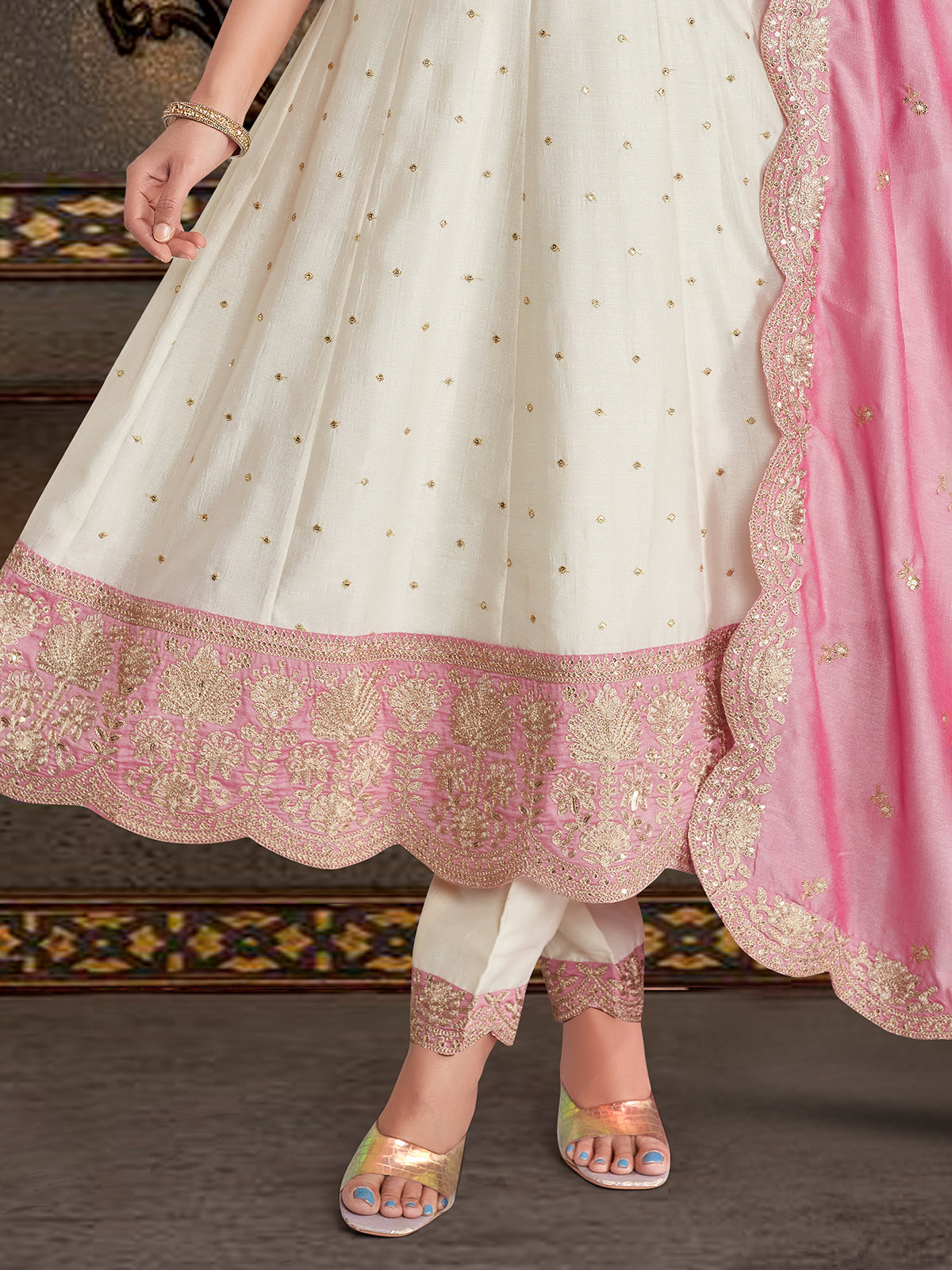 Off white silk festive wear salwar suit for women