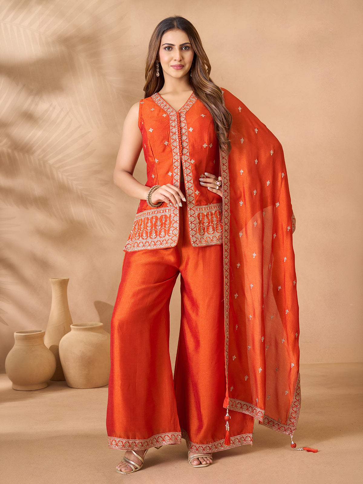 Orange silk palazzo suit for festive celebration