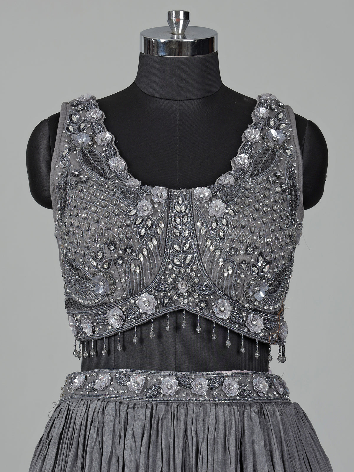 Grey chiffon georgette lehenga choli with diamond embellishments