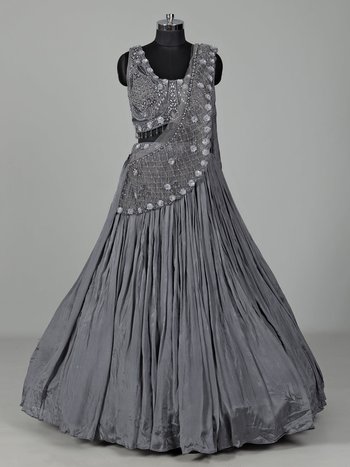 Grey chiffon georgette lehenga choli with diamond embellishments