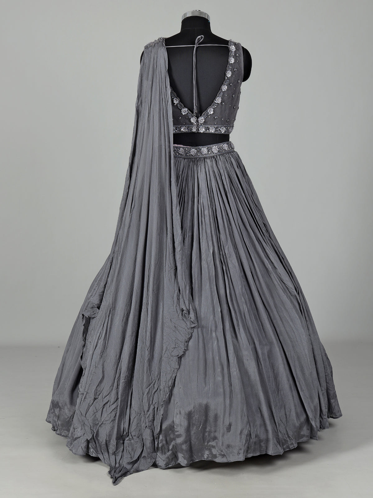 Grey chiffon georgette lehenga choli with diamond embellishments
