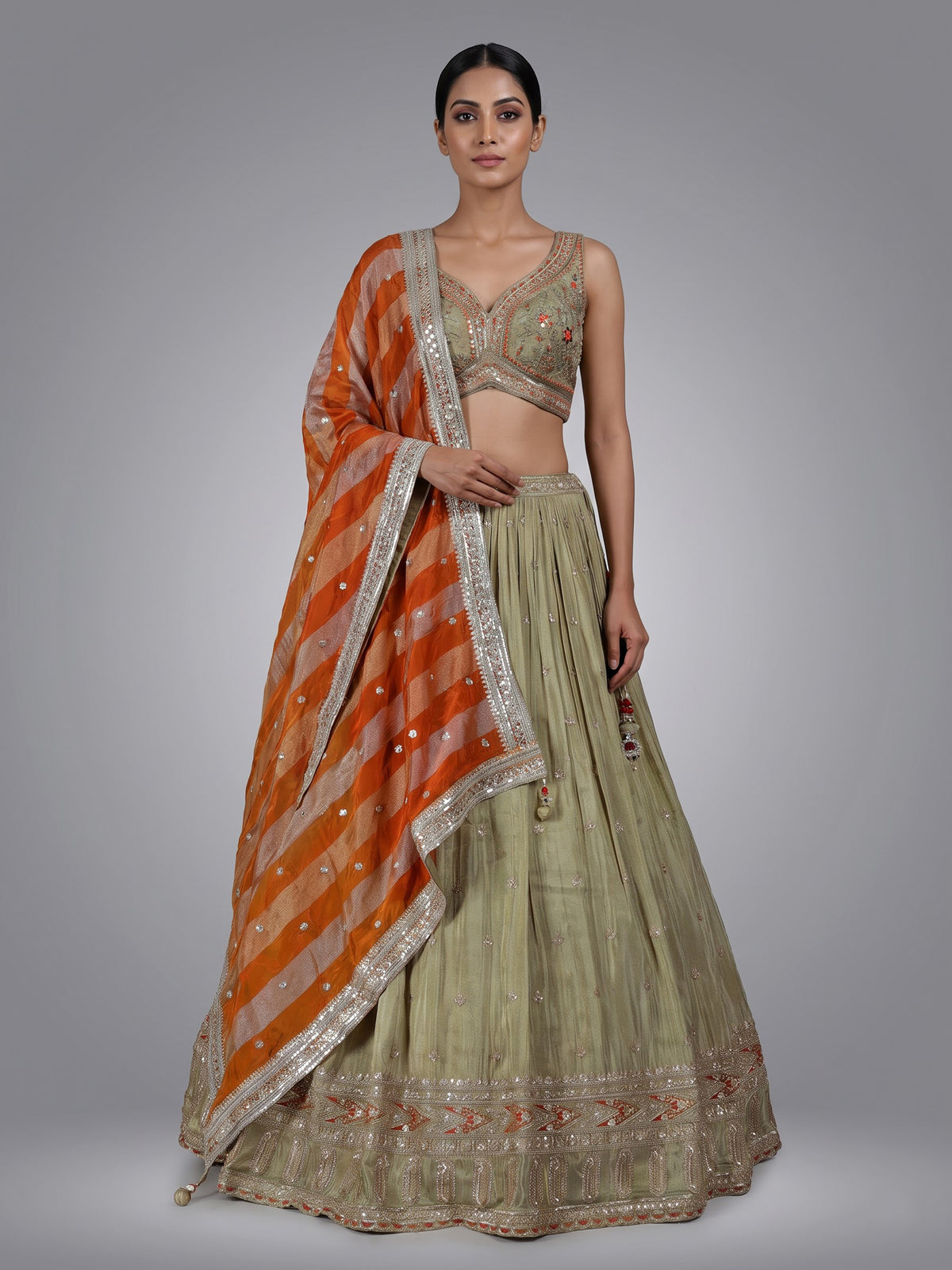 Pista green wedding wear lehenga choli in silk