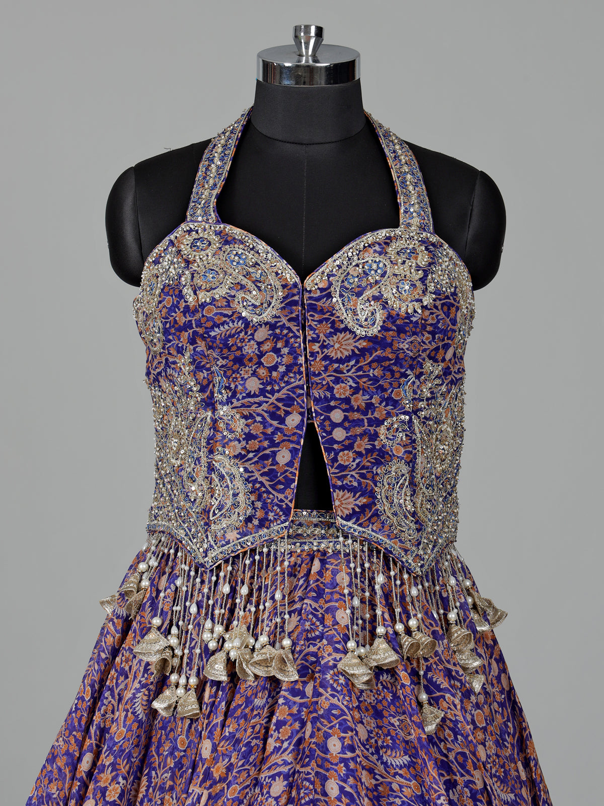 Blue georgette printed lehenga choli with embellished tassels