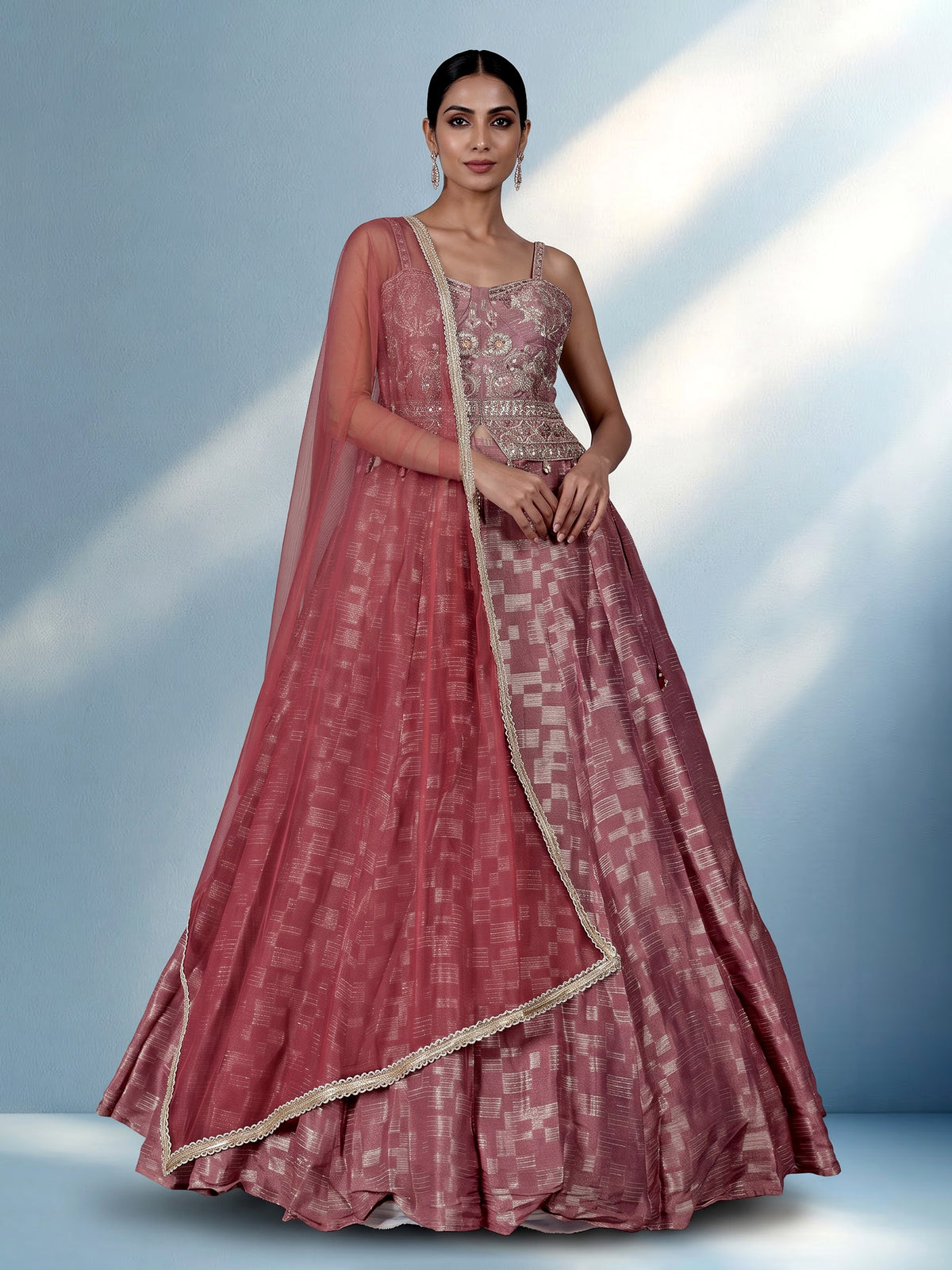 Onion pink silk lehenga choli with zardosi detailing