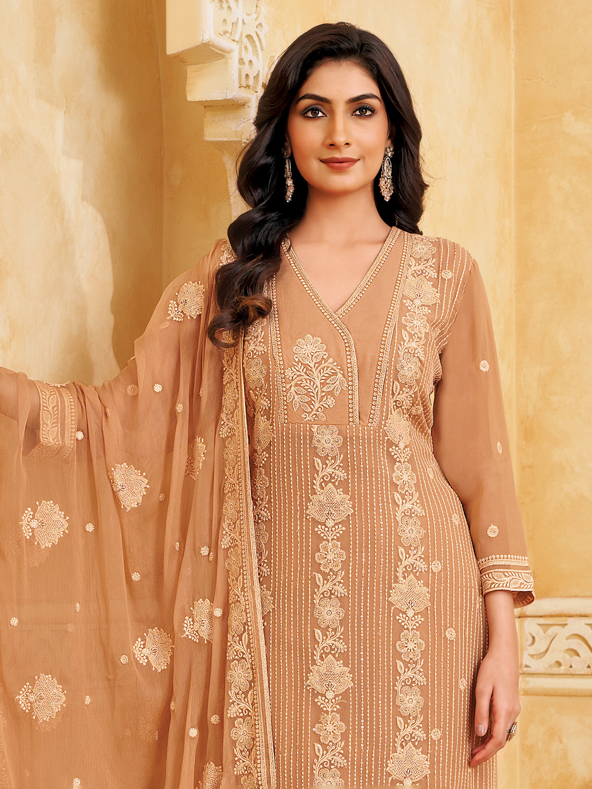 Peach georgette salwar suit with thread work