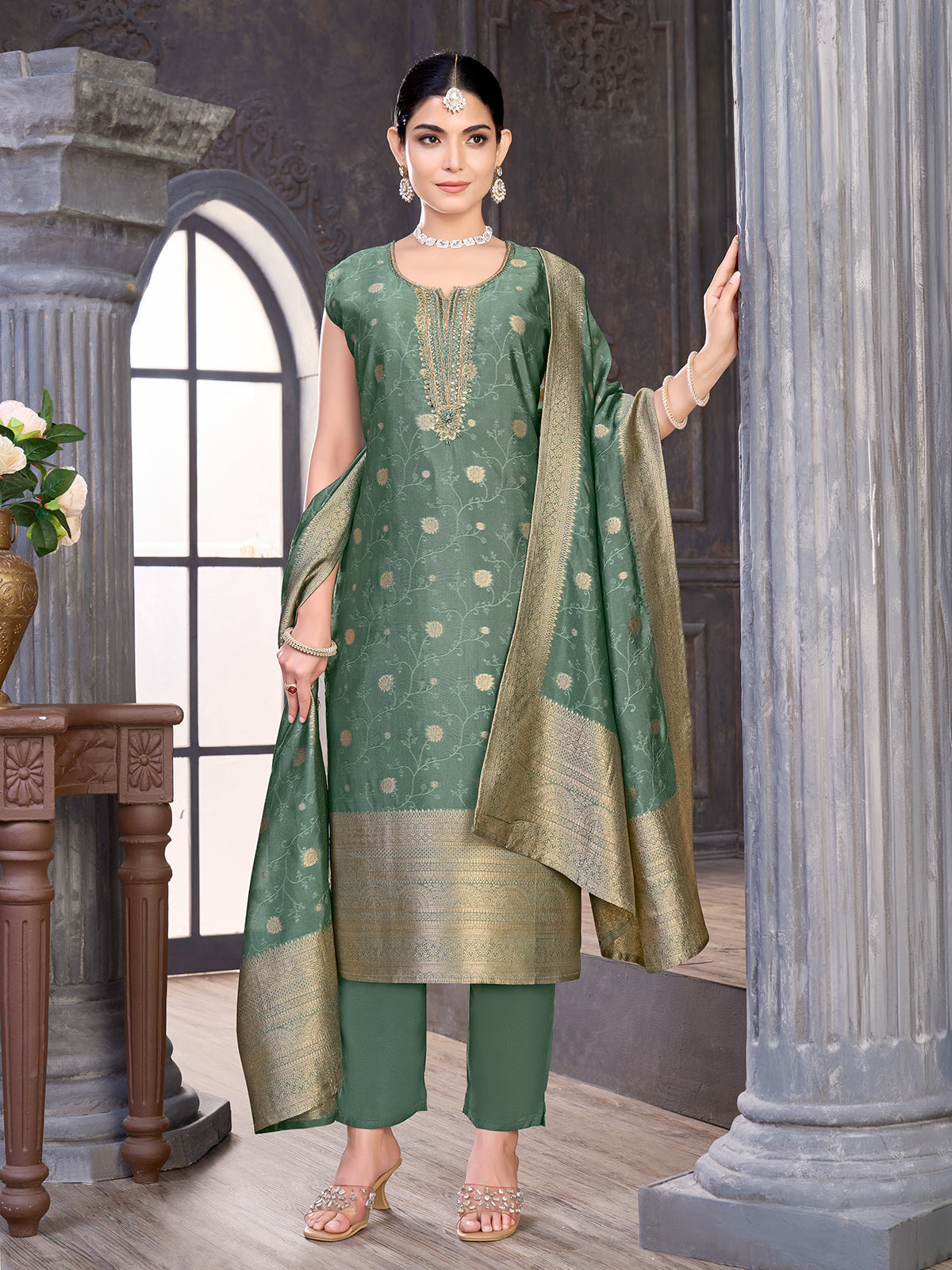 Green silk salwar suit with zardosi, aabla and diamond embellishments