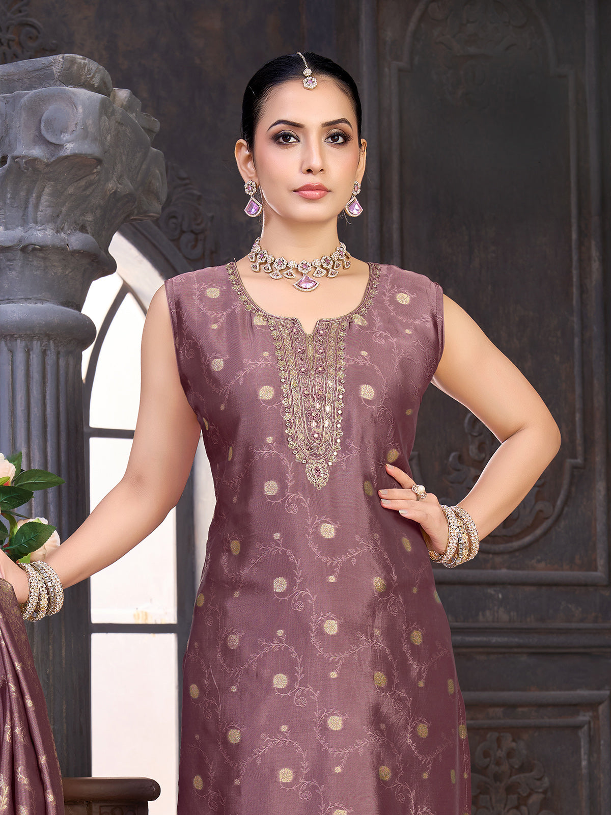 Mauve purple silk salwar suit with sweetheart neckline and zardosi work