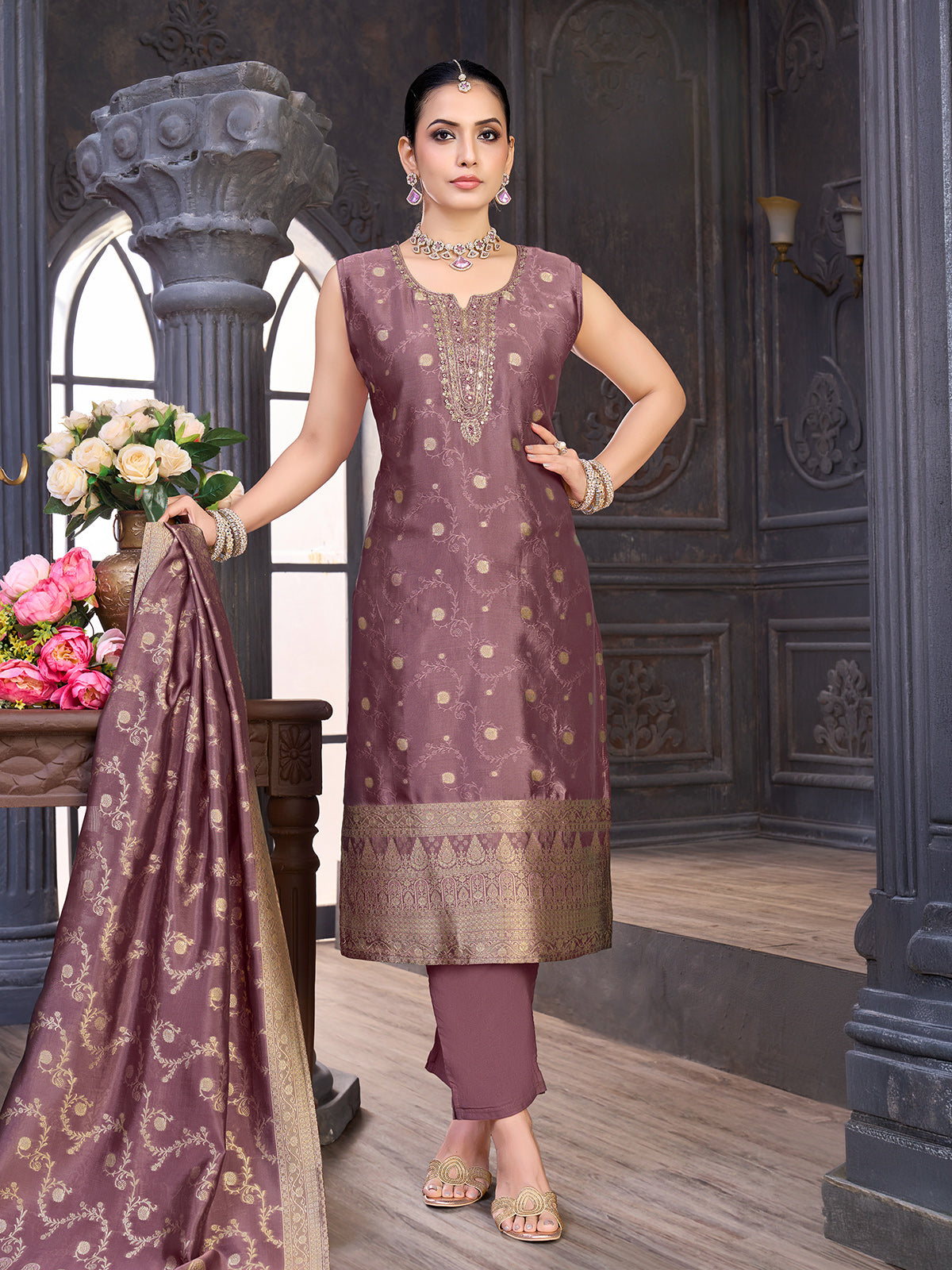 Mauve purple silk salwar suit with sweetheart neckline and zardosi work