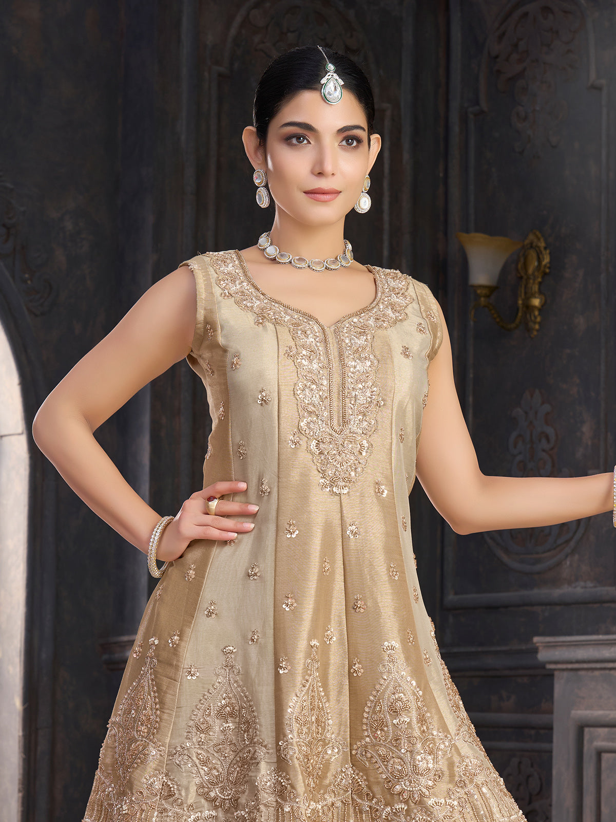 Gold silk palazzo salwar suit with cutdana and sequin beadwork
