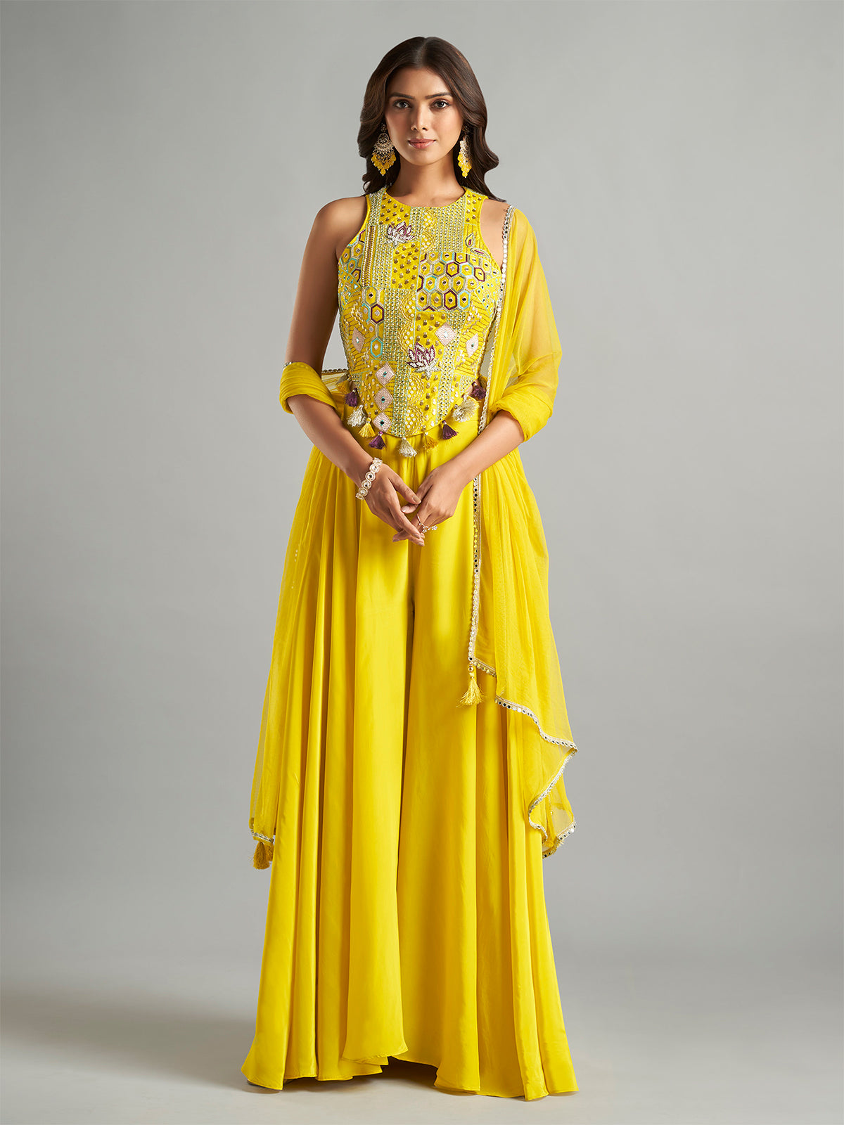 Yellow silk wedding wear palazzo suit with dupatta
