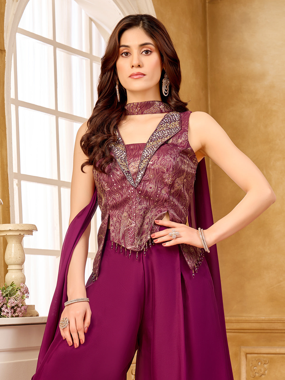 Pastel onion pink chiffon silk palazzo suit