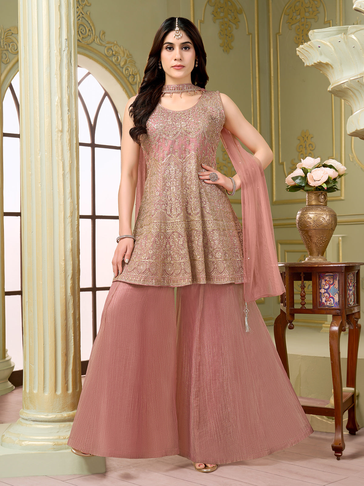 Pastel onion pink chiffon silk salwar suit with sequin work