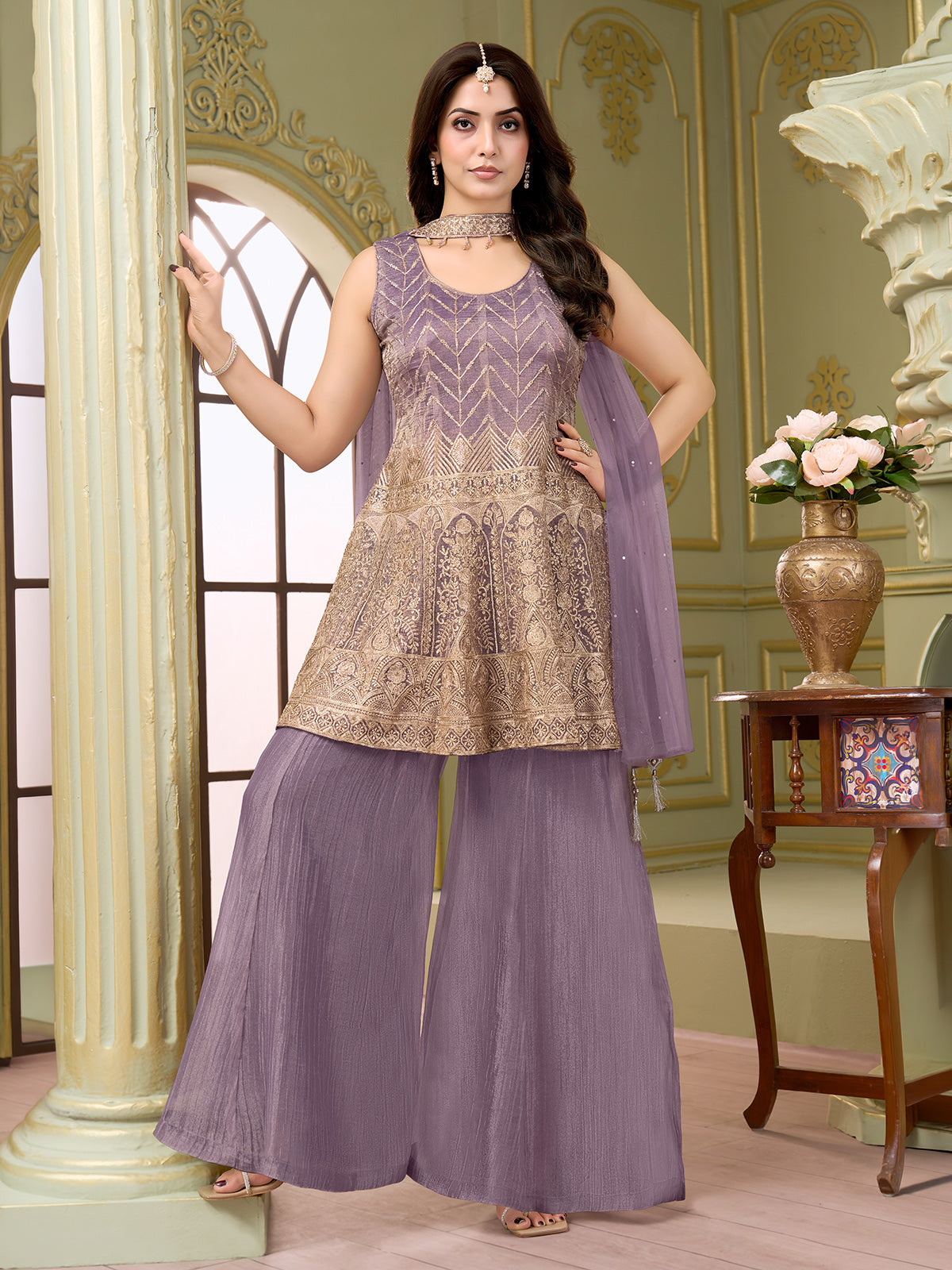 Pastel lavender purple chiffon silk palazzo suit with embroidery work