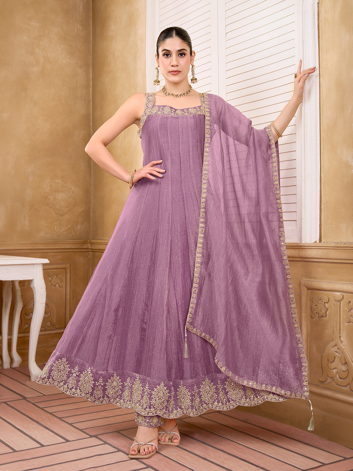 Lavender purple chiffon tissue silk anarkali suit with stone embellishments