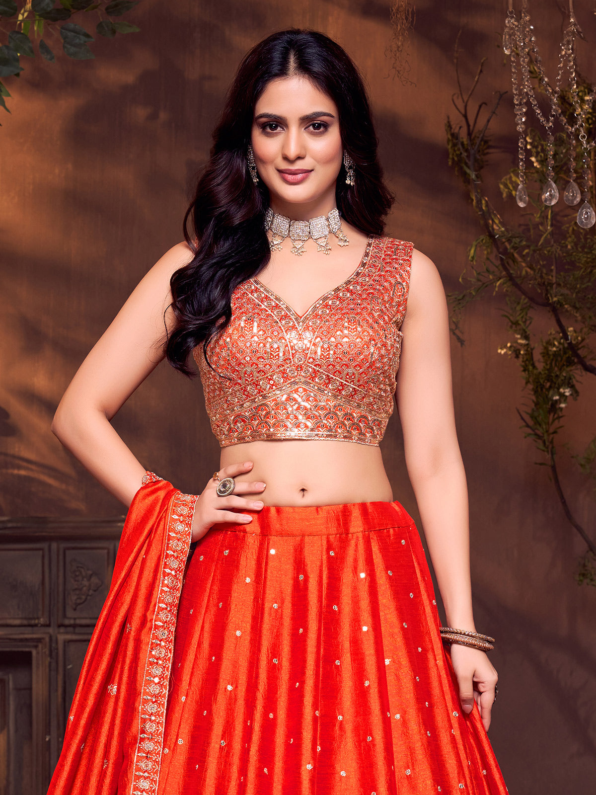 Orange silk sweetheart neck lehenga choli for wedding