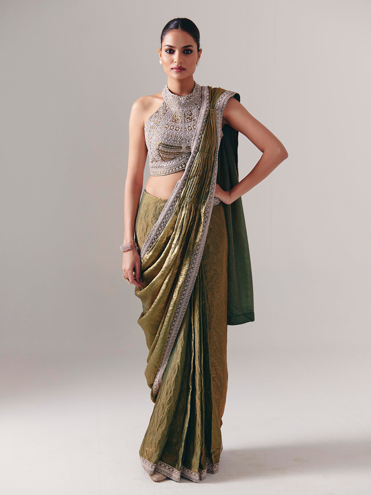 Pastel olive chiffon silk ready to wear saree for wedding celebration